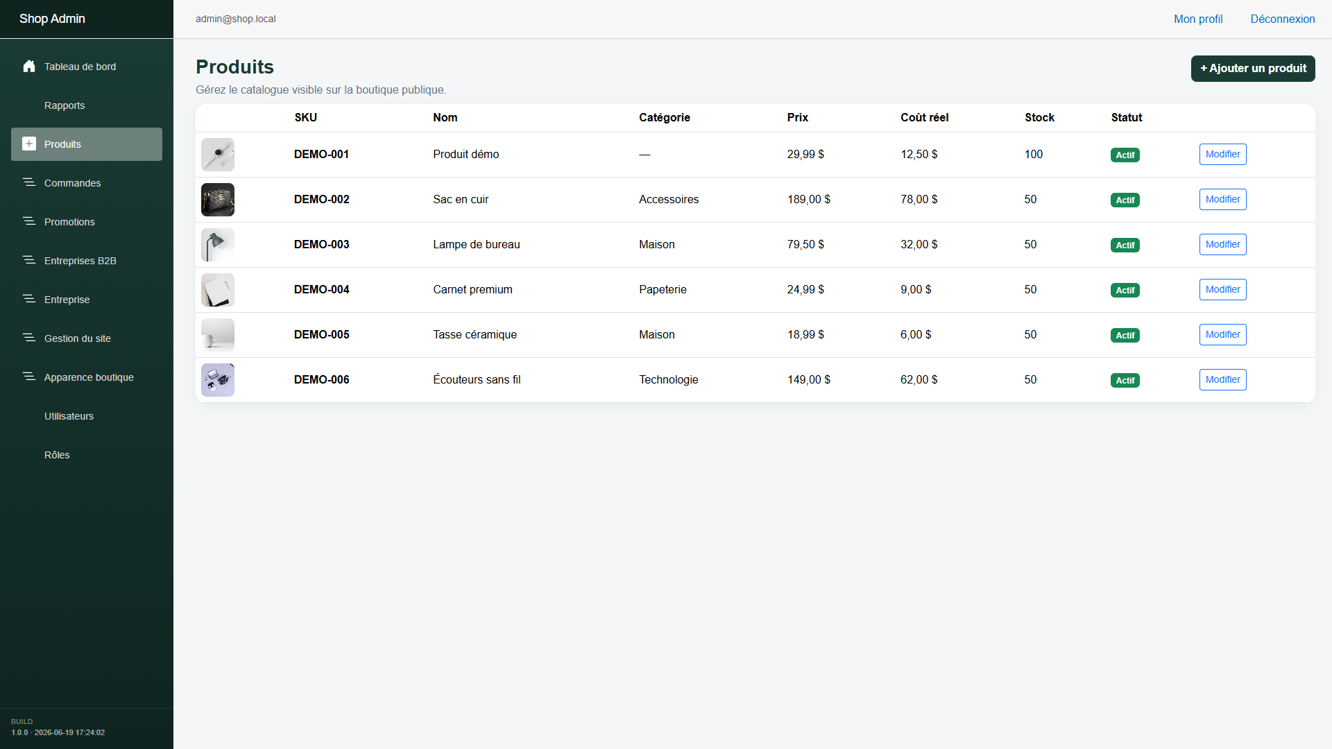Shop admin products